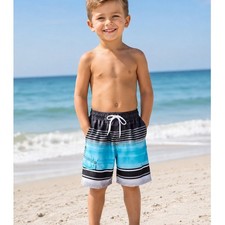 Kanu Surf Boys Avalon Striped Board Shorts Swim Black Aqua Blue Size Small 4 NWT