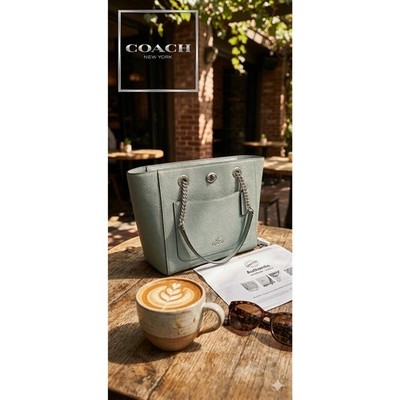 Coach Turnlock Chain Tote 27 - Sage Polished Pebble Leather NWT - Authenicated