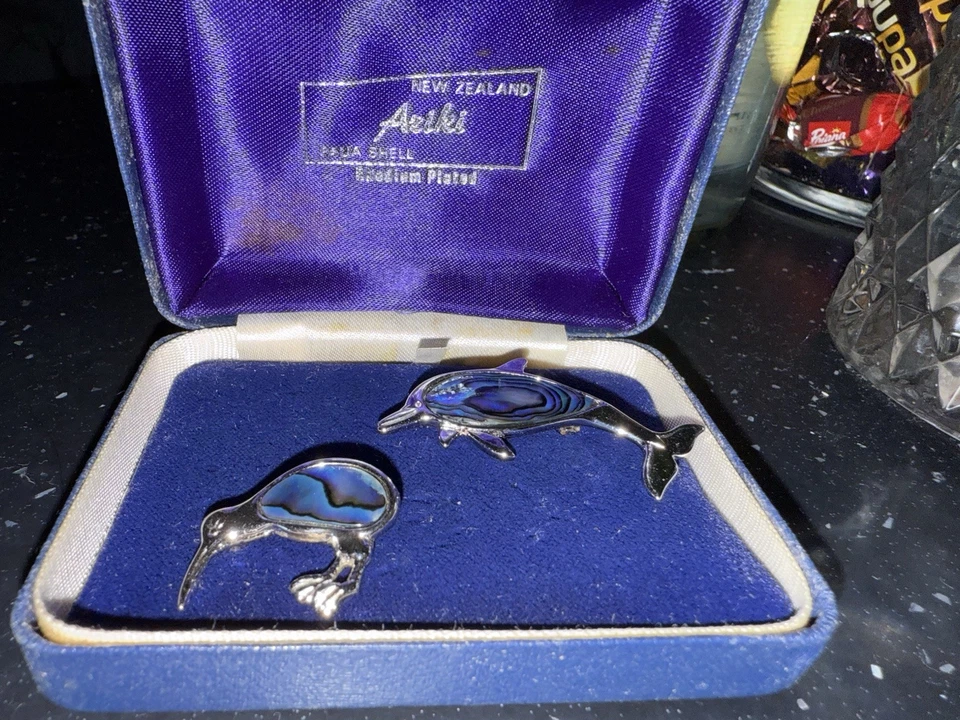 Broche/Pin Rodio Ariki Nueva Zelanda Paua Shell Joyería Delfín Caja Original Foto 2 de 3