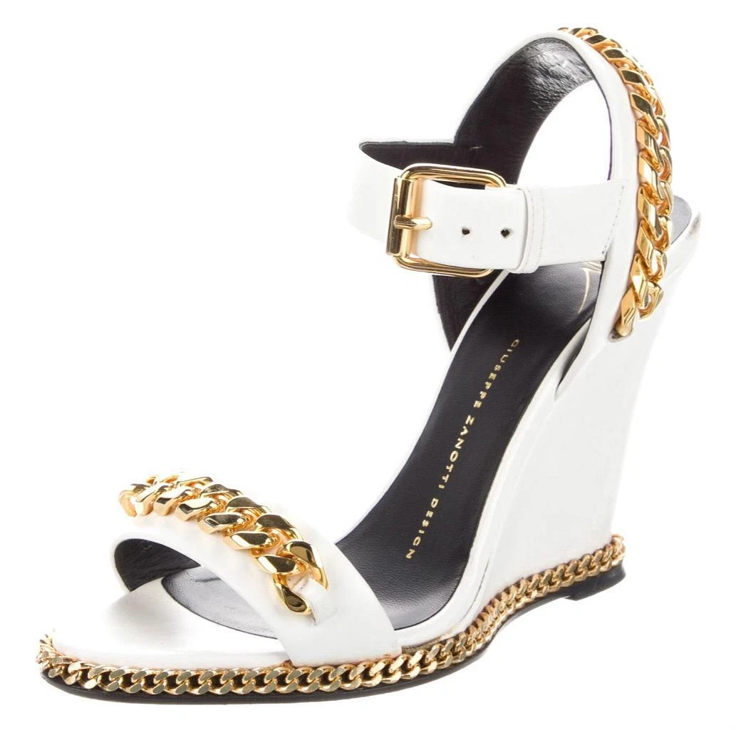 $1050 GIUSEPPE ZANOTTI White Gold Chain Link 37.5 Wedge Sandals Shoes Heels
