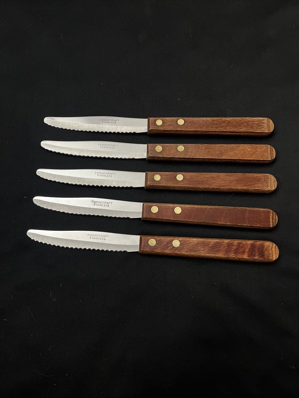 Vtg FORGECRAFT Steak Knives Serrated Stainless Steel Wood Handles Japan SET OF 5