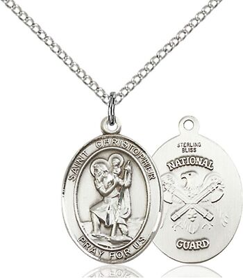 Sterling Silver St Christopher National Guard Medal Pendant Necklace 18'' Chain