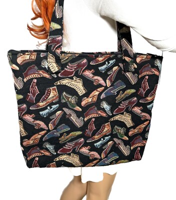 Vintage 1980's Black Embroidered Tote Fashion Shoe Design Handbag Purse 17x15 