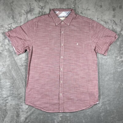 American Threads Men's Large Button Up Shirt Red White Striped Short Sleeve