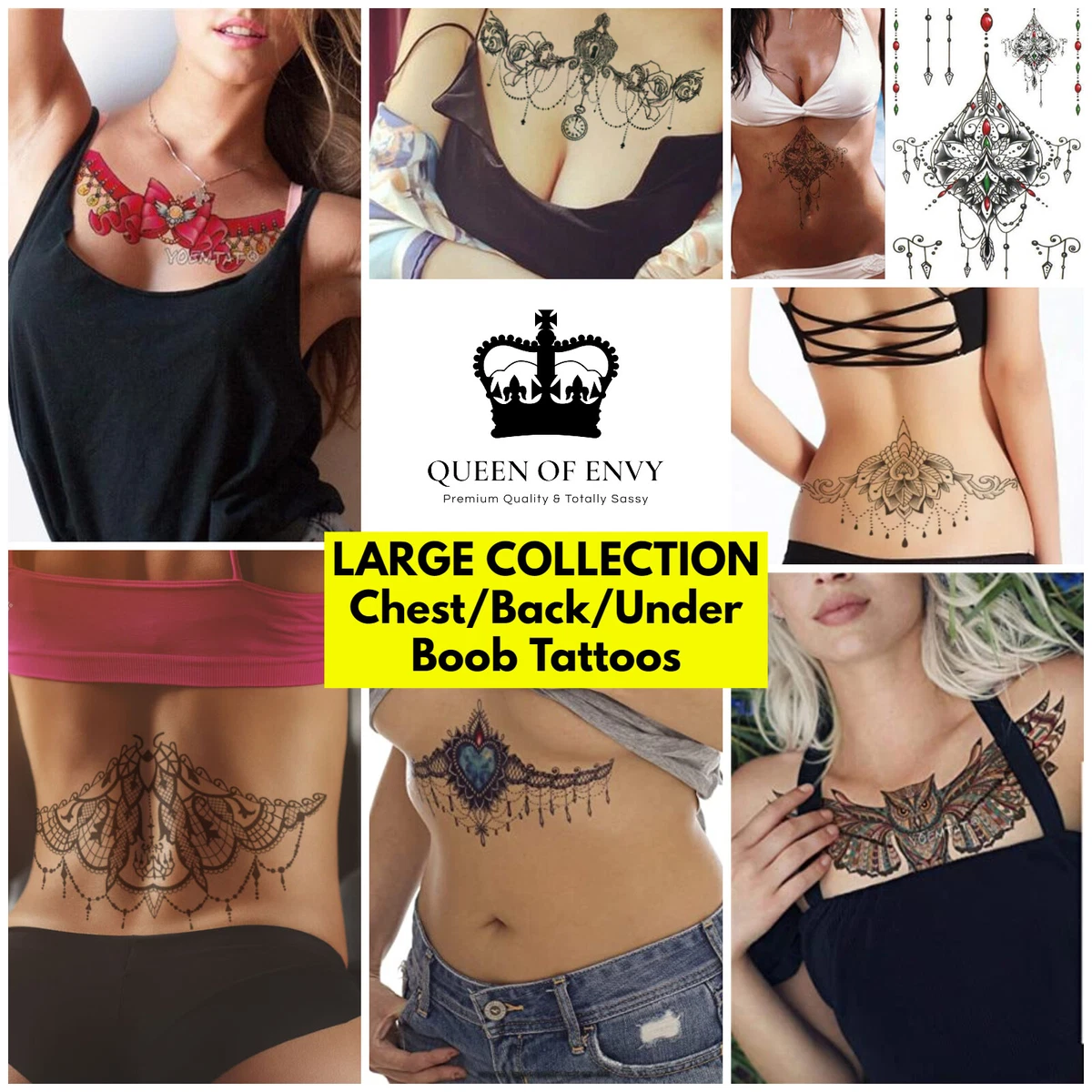 SEXY Womens Chest Under Boob Back Sternum Temporary Tattoo Transfers Band  Large