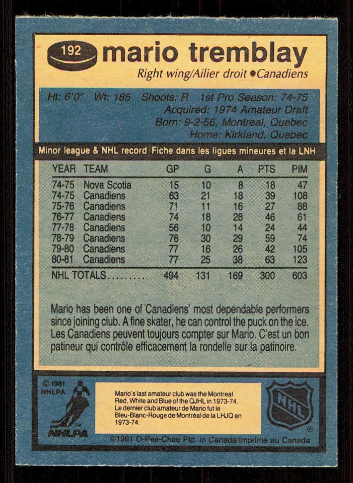 1981-82 O-Pee-Chee #192 Mario Tremblay - Image 2 of 2