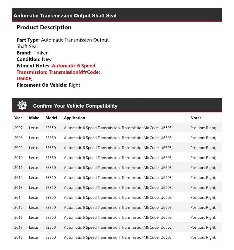 Vedação de eixo de saída de transmissão automática Lexus ES350 2007-2018 temporização direita - Imagem 2 de 4