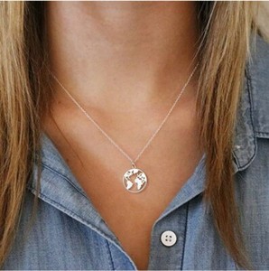 Authentic World Map Globe Round Necklace 18K White Gold plated clasp