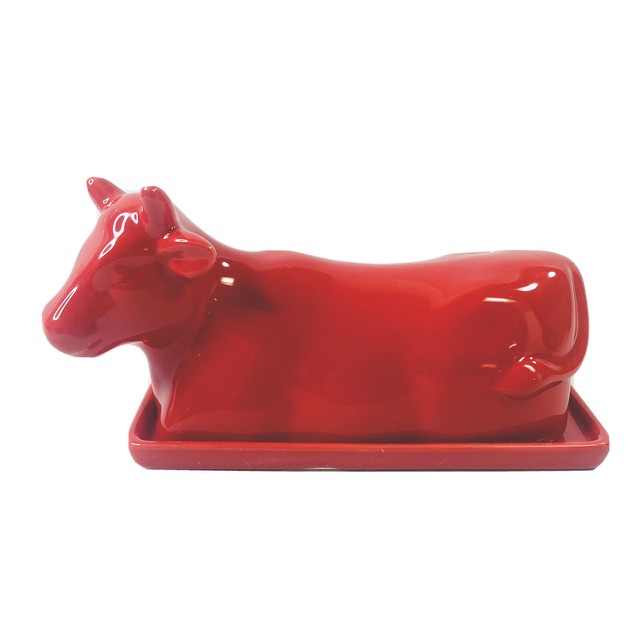 Food Network Red Ceramic Stoneware Cow Covered Butter Dish And Egg