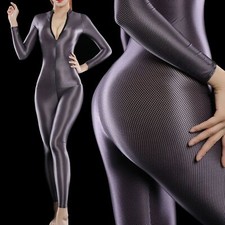 Shiny Catsuit Long Sleeve Zipper High Neck Bodycon Full Length Jumpsuits Rompers