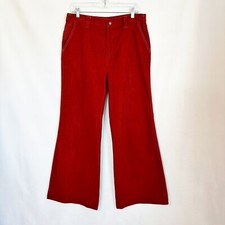 Vintage 70s Retro Wide-Leg Flared High Rise Velour Pants 32x31.5 Rust Red Large