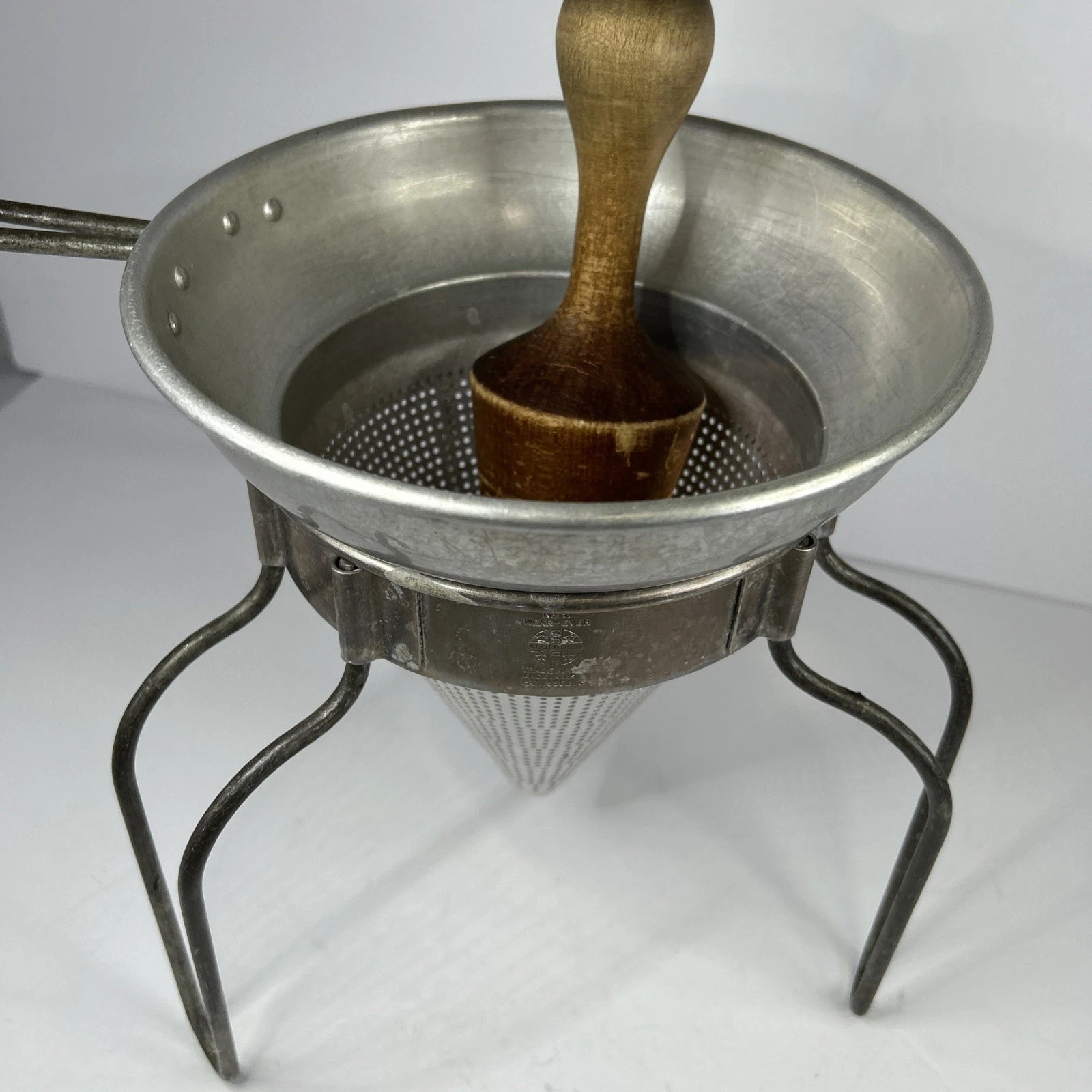 Vintage Aluminum Cone Food Canning Sieve STRAINER COLANDER w/Wood Pestle & Stand