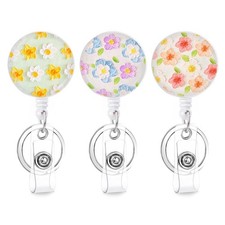3 Pack Retractable Badge Reels with Clip Key Ring for Women Flowers2