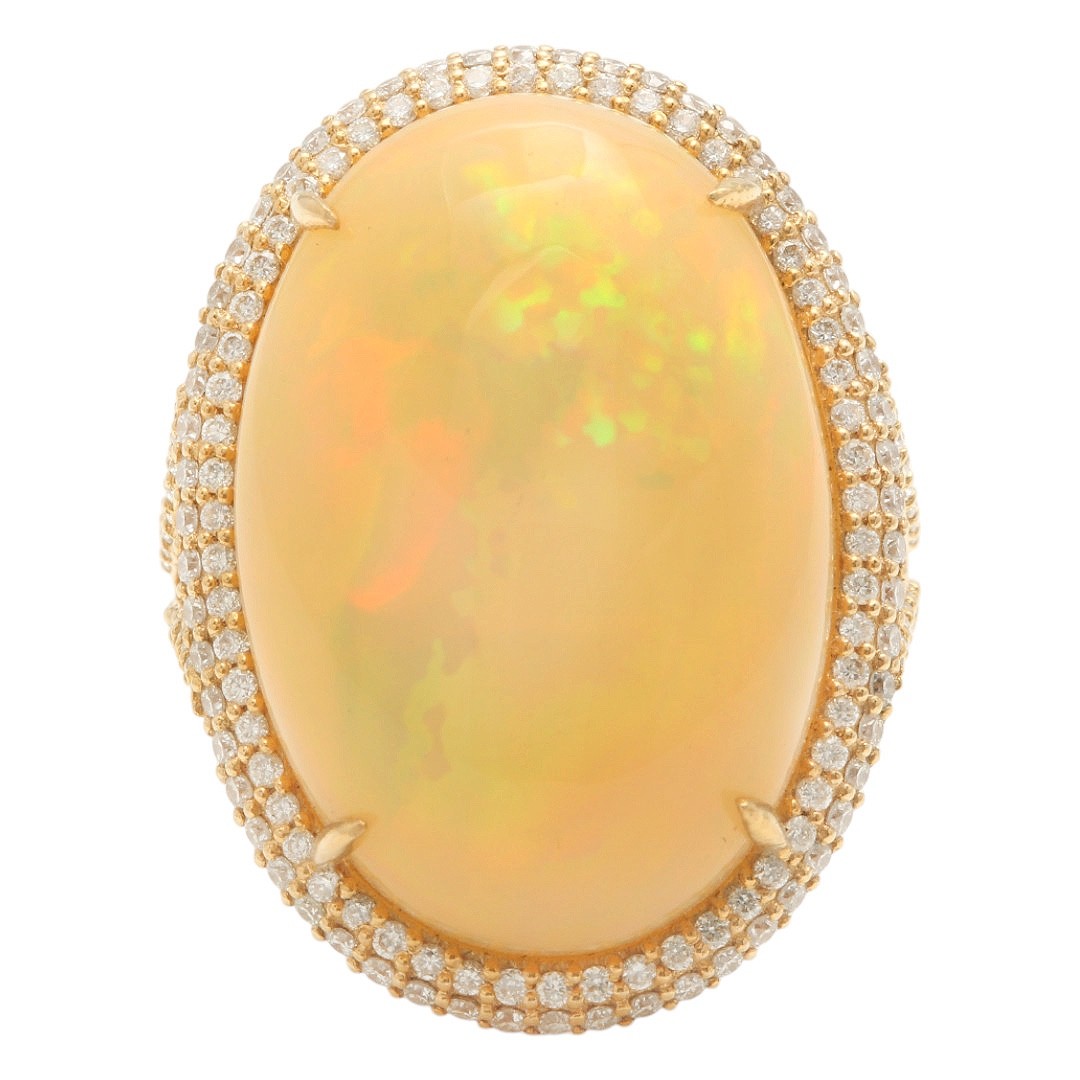 Huge Natural Ethiopian Opal and Diamond 14K Solid Yellow Gold Ring