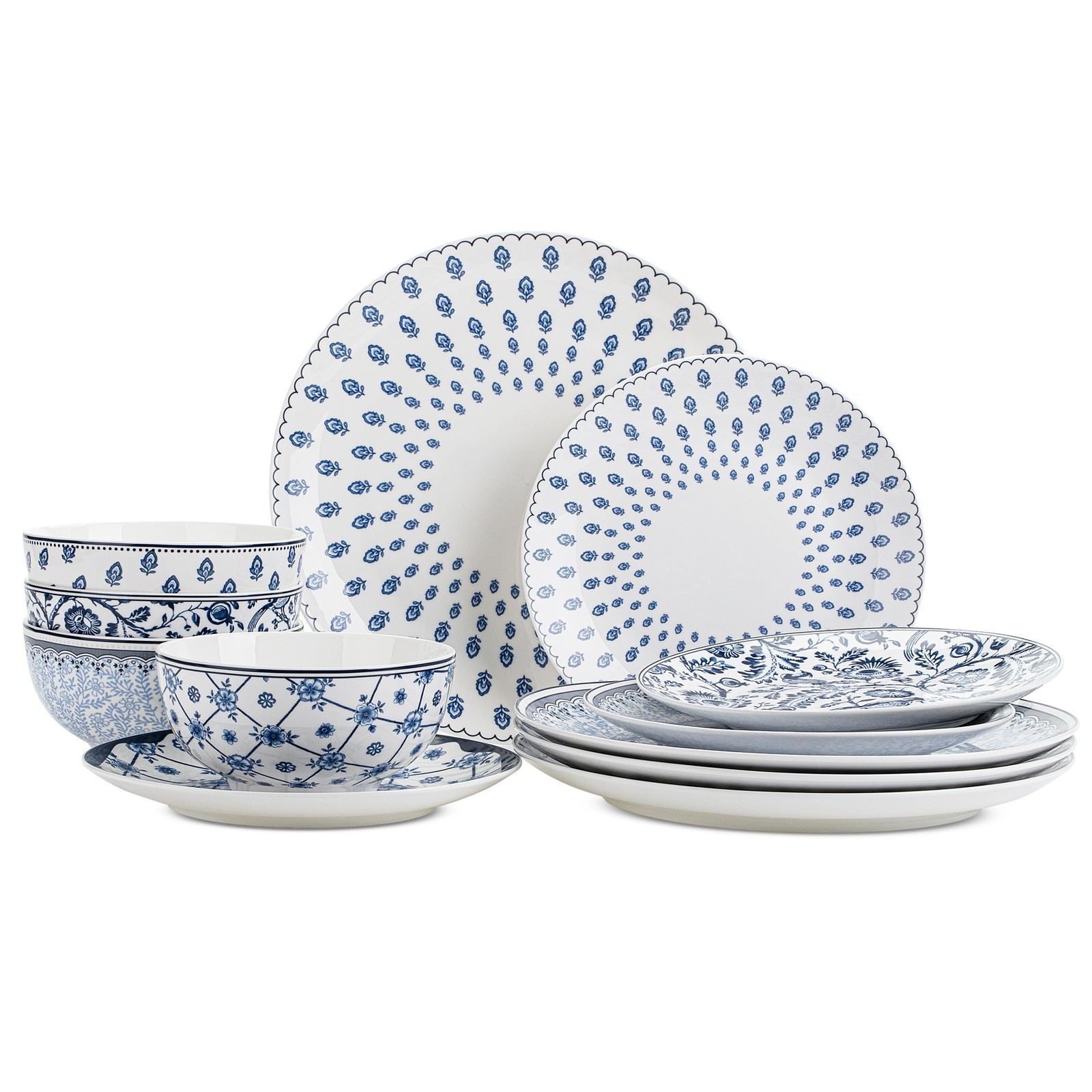 Btat- Bone China Dinnerware Sets for 4, 12 Pcs, Blue Garden Elegance, 4 Differen