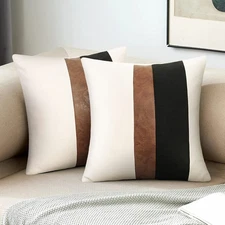 Faux Leather and Linen Throw Pillow Covers Black and White Pillows Decorative...