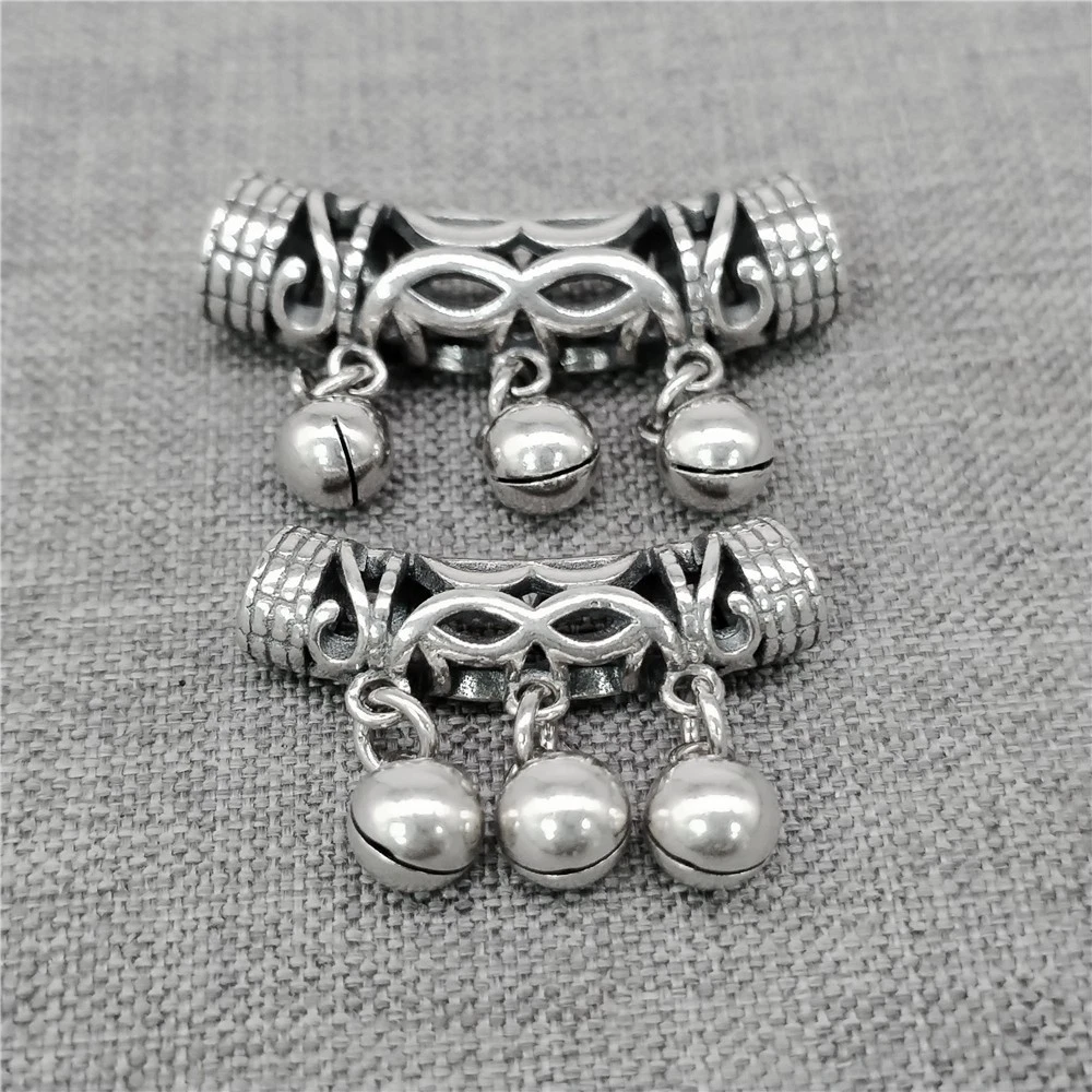 925 Sterling Silver Tribal Overlap Coin Tube Bead Charm with Jingle Bell Drop
