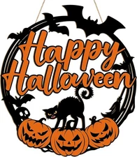 Halloween Decoration Wooden Ghost Door Wreath for Front Large, Black 