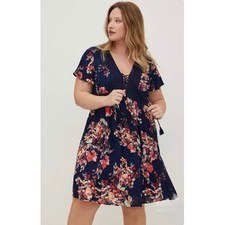 Torrid Navy Floral Mini Gauze Lace-Up Skater Dress 3XL 22 24 Bohemian Romantic