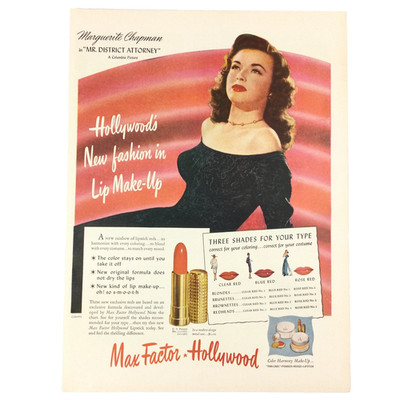 1947 Max Factor Hollywood VTG PRINT AD Red Lipstick Marguerite Chapman Actress