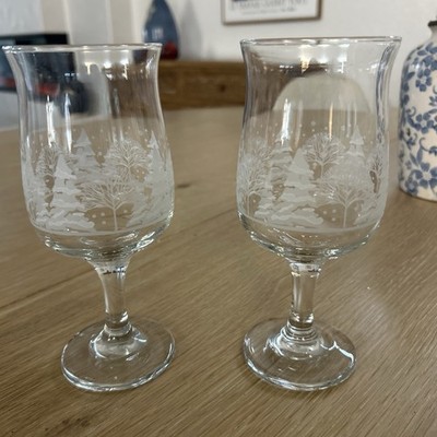 Set/2.   8 Inch Glass Goblet.  Etched White Winter Trees.  EUC  No Chips
