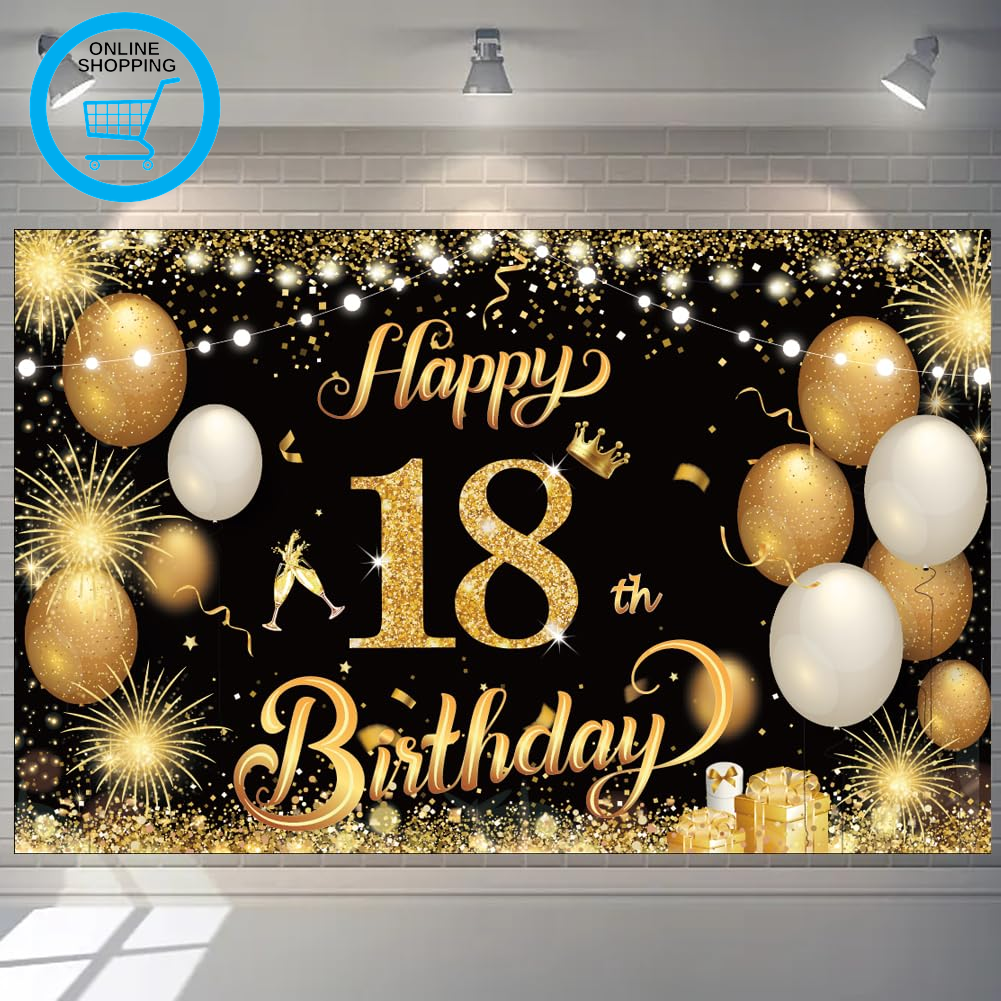 Happy 18Th Birthday Banner - Gold 1.1 X 1.8M, Backdrop for Boys & Girls, 18 Year