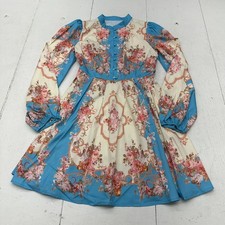 Shein Blue Pink Floral Print Long Sleeve 1/2 Collar Short Retro Dress Women's S