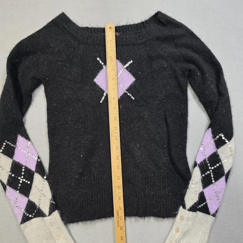 Takeout Sweater Womens Medium Black Purple Argyle Long Sleeve Rhinestone - Image 4 of 4