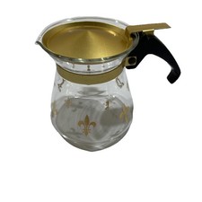 Pyrex Glass Coffee Carafe Vintage Fleur De Lis with Gold Metal Lid Small USA