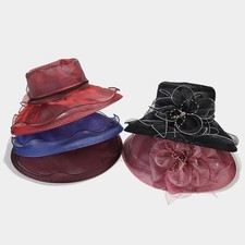 Women's Vintage Style Organza Sun Hat for Wedding and Beach with Wide Brim