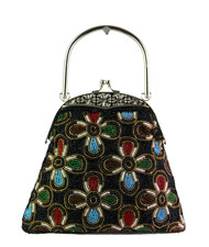 VINTAGE FLOWER BEADED BLACK MULTICOLOR TAPESTRY FRAME KISS LOCK MINI BAG HANDBAG