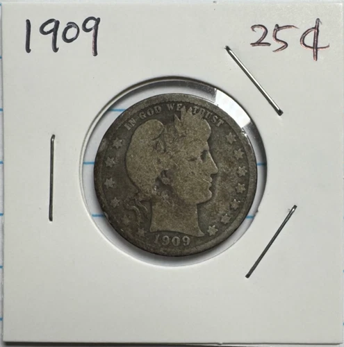 1909 Philadelphia Mint Silver Barber Quarter 25C - US Silver Coin