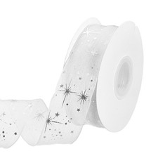 Star Ribbon Silver Stars Print Trim Sheer Ribbon 1-4/7" x 10Yards White
