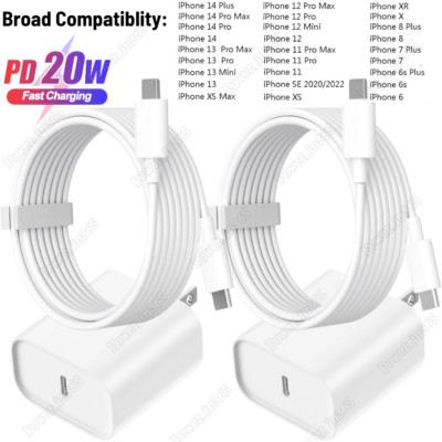 For iPhone 14 13 12 11 Pro 8 X XR 20W PD Fast Wall Charger Adapter USB C Cable