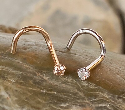 14kt Solid Gold 1.5mm Real SI Clarity Diamond Nose Ring 20g stud or screw white