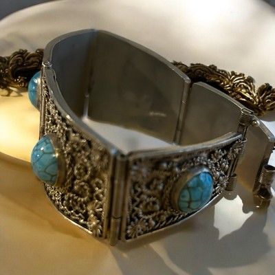 Vintage Silver Tone Marcasite Faux Turquoise Slide Pin Closure Bracelet Signed E