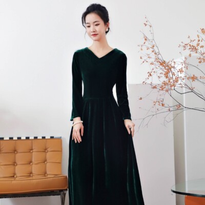 Evening Gown Long Velvet Dresses Frock Lady Velvet Maxi Dress Long Sleeve Pleated Cocktail Formal Evening Elegant Retro Evening Gown Long Velvet Dresses Frock Lady Velvet Maxi Dress Long Sleeve Pleated Cocktail Formal Evening Elegant Retro