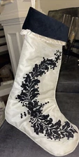 Frontgate Cream And Black Beaded Embellished Christmas Stocking 20” EUC