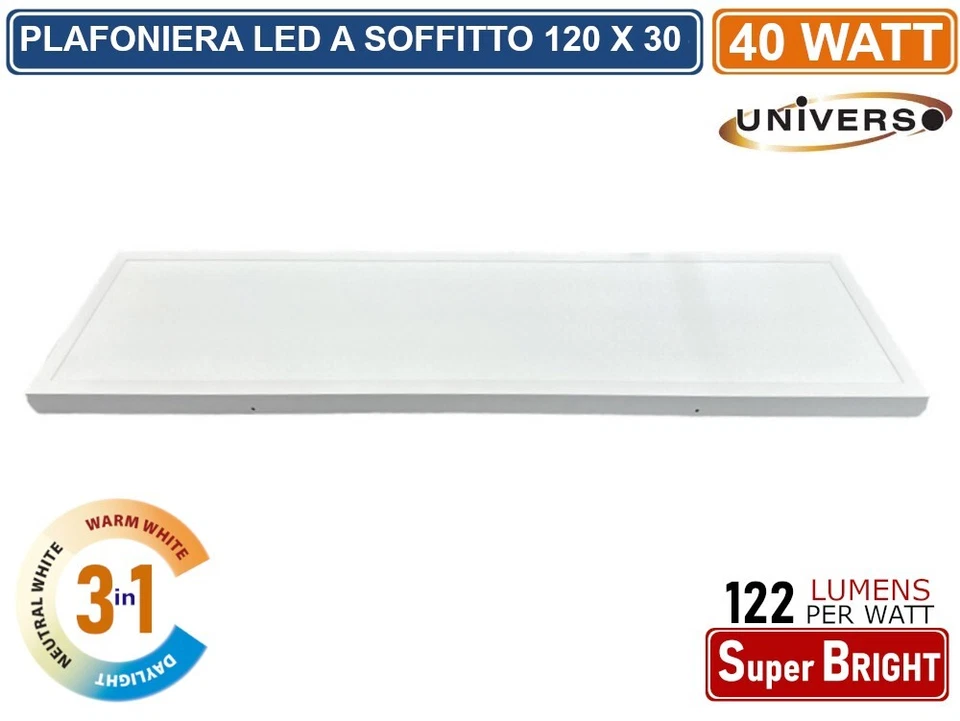 UNIVERSO PLAFONIERA SMD LED RETTANGOLARE 120x30 40W CCT 3000K - 4000K - 6500K - Immagine 2 di 4
