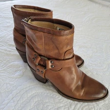 Frye Women's Tabitha Brown Cognac Leather Harness Short Ankle Boots Size 7.5