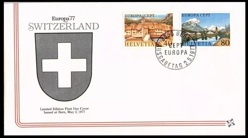 SWITZERLAND LANDSCAPES SET  EUROPA 1977  FLEETWOOD COAT OF ARMS CACHET FDC UNADD