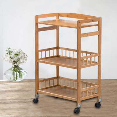 3 Tier Mobile Kitchen Rolling Serving Cart Floor Standing Wood Color Home Salon