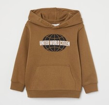 H M Kid  s Sweatshirt Hoodie Boys 5 Brown Fleece Lined Hooded Pullover Globe NWT