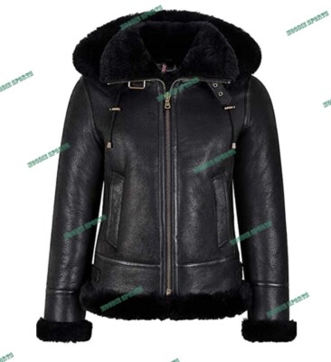 Womens B3 Bomber Hooded Classic Shearling Pilot Flying Aviator Genuine Sheepskin