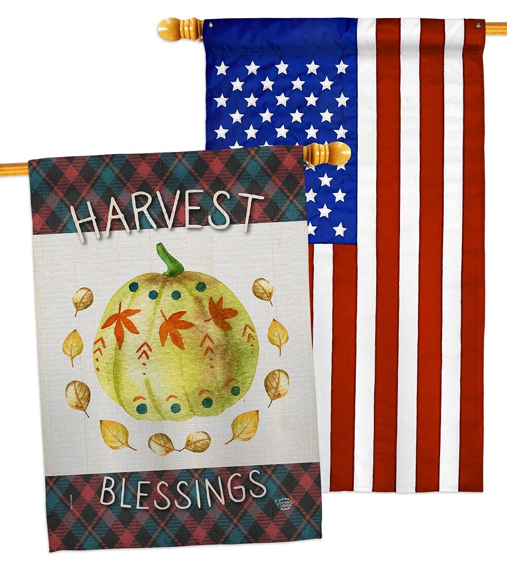 Colorful Fall Pumpkin and Turkey Thanksgiving House Flag with Give Thanks Design