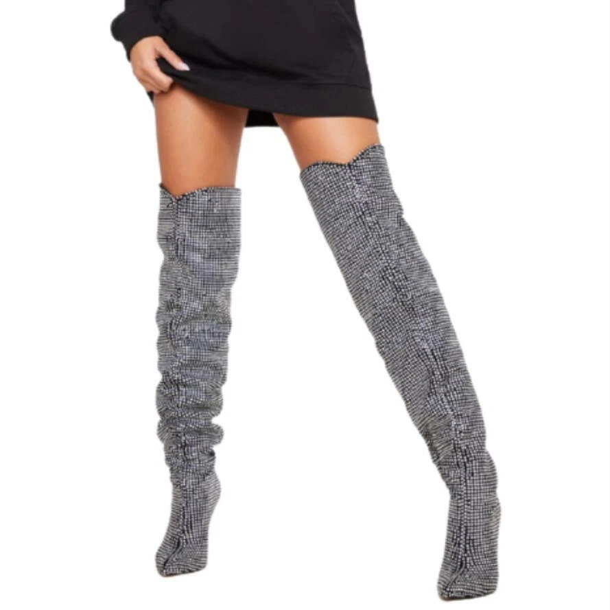 Grey thigh high boots no heel discount