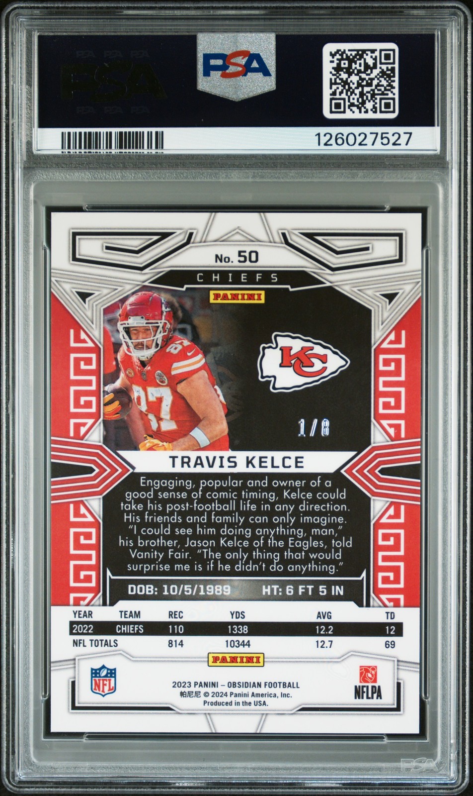 2023 PANINI OBSIDIAN ELECTRIC ETCH RED #50 TRAVIS KELCE 1/8 PSA 10 view 2