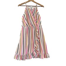 Mi Ami Striped Ruffle Halter Wrap Summer Dress Size M W/ Lining Beachy Vacation