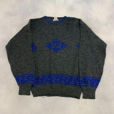 Vintage Abstract Knitted Jumper Patterned Grandad Chunky Knit Sweater Men's L