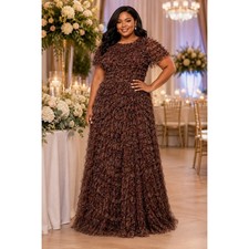New with Tags Mac Duggal 8042 Brown Multi Tiered Ruffle Chiffon Gown Dress Sz 20